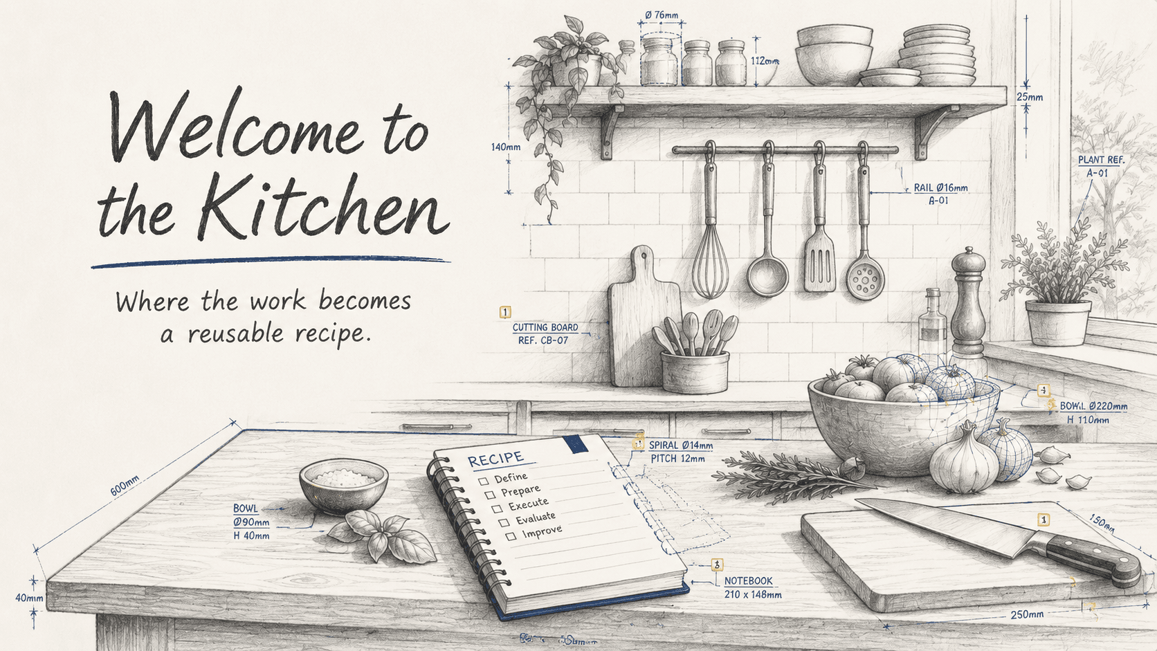 Pencil field manual drawing with blueprint annotations